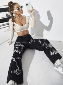 SHEIN ICON 高腰字母和火焰圖案闊腿牛仔褲 - 黑色 - 查看 3