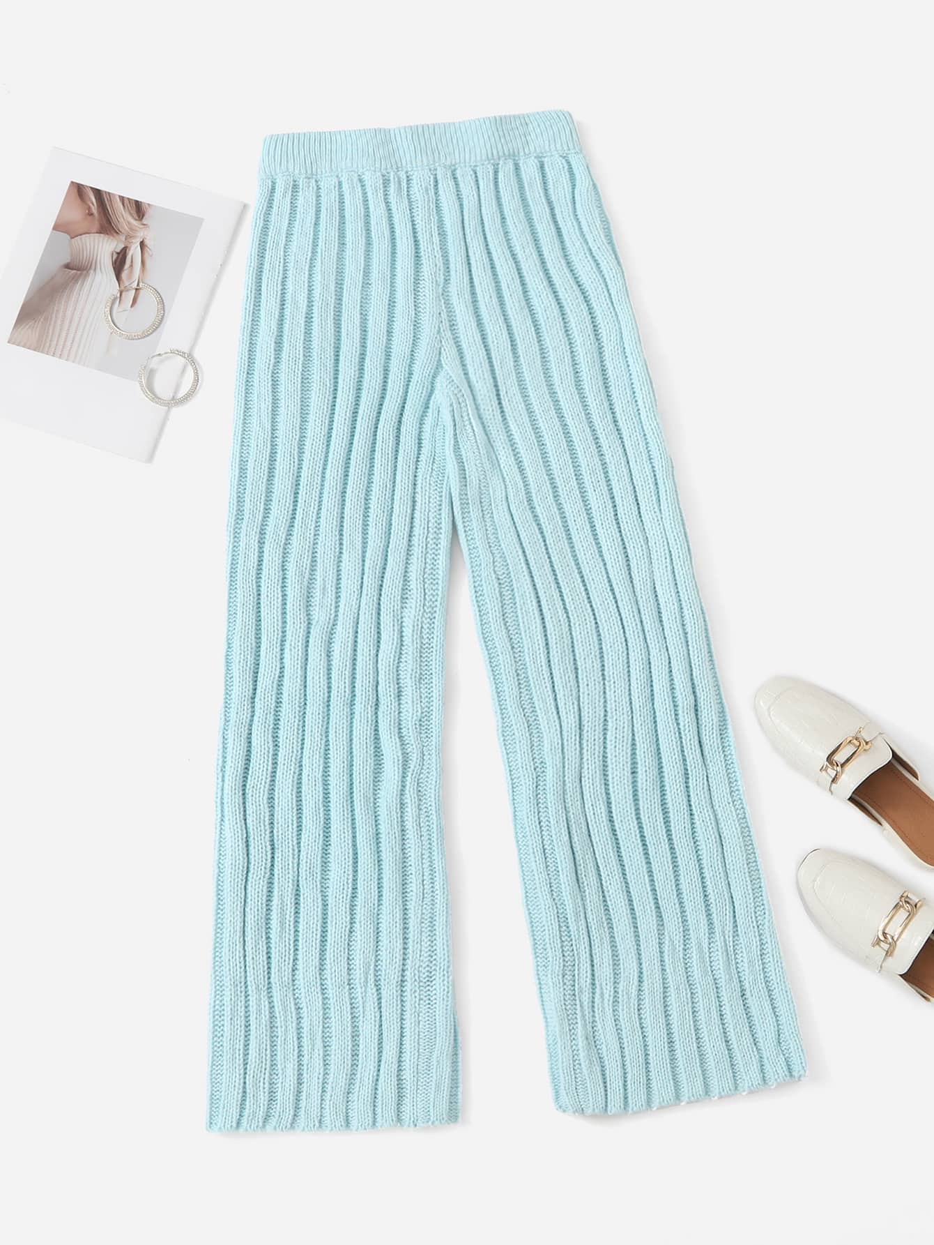 SHEIN 羅紋闊腿針織長褲 - 薄荷藍 - 查看 1