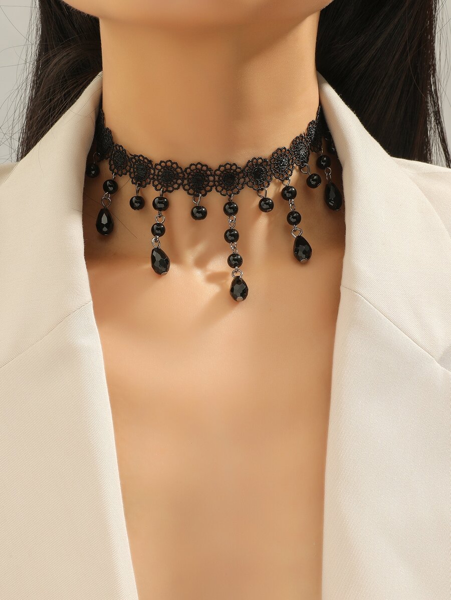 Gargantilla con diseño de cuenta con encaje - Negro - Ver 1