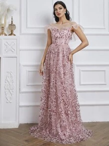 Giffniseti 拼接花卉刺繡網紗荷葉邊亮片舞會洋裝 - 藕粉色 - 查看 1