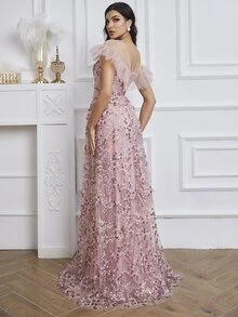Giffniseti 拼接花卉刺繡網紗荷葉邊亮片舞會洋裝 - 藕粉色 - 查看 2