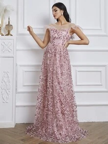 Giffniseti 拼接花卉刺繡網紗荷葉邊亮片舞會洋裝 - 藕粉色 - 查看 3