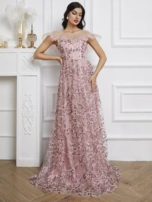 Giffniseti 拼接花卉刺繡網紗荷葉邊亮片舞會洋裝 - 藕粉色 - 查看 4