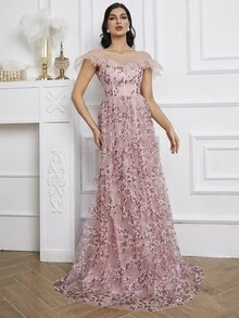 Giffniseti 拼接花卉刺繡網紗荷葉邊亮片舞會洋裝 - 藕粉色 - 查看 5