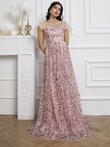 Giffniseti 拼接花卉刺繡網紗荷葉邊亮片舞會洋裝 - 藕粉色 - 查看 6