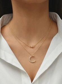 Rhinestone Moon Charm Layered Necklace - Yellow Gold - View 1