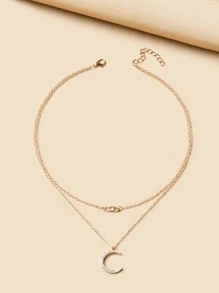 Rhinestone Moon Charm Layered Necklace - Yellow Gold - View 2