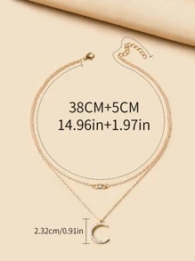 Rhinestone Moon Charm Layered Necklace - Yellow Gold - View 3
