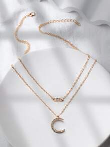 Rhinestone Moon Charm Layered Necklace - Yellow Gold - View 4