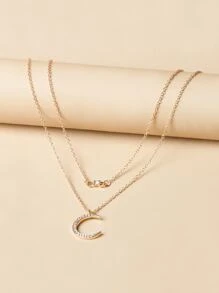 Rhinestone Moon Charm Layered Necklace - Yellow Gold - View 5