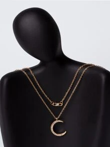 Rhinestone Moon Charm Layered Necklace - Yellow Gold - View 6
