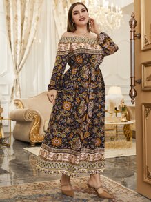 大碼花和佩斯利圖案一字肩燈籠袖連衣裙不附腰帶 - 彩色 - 查看 1