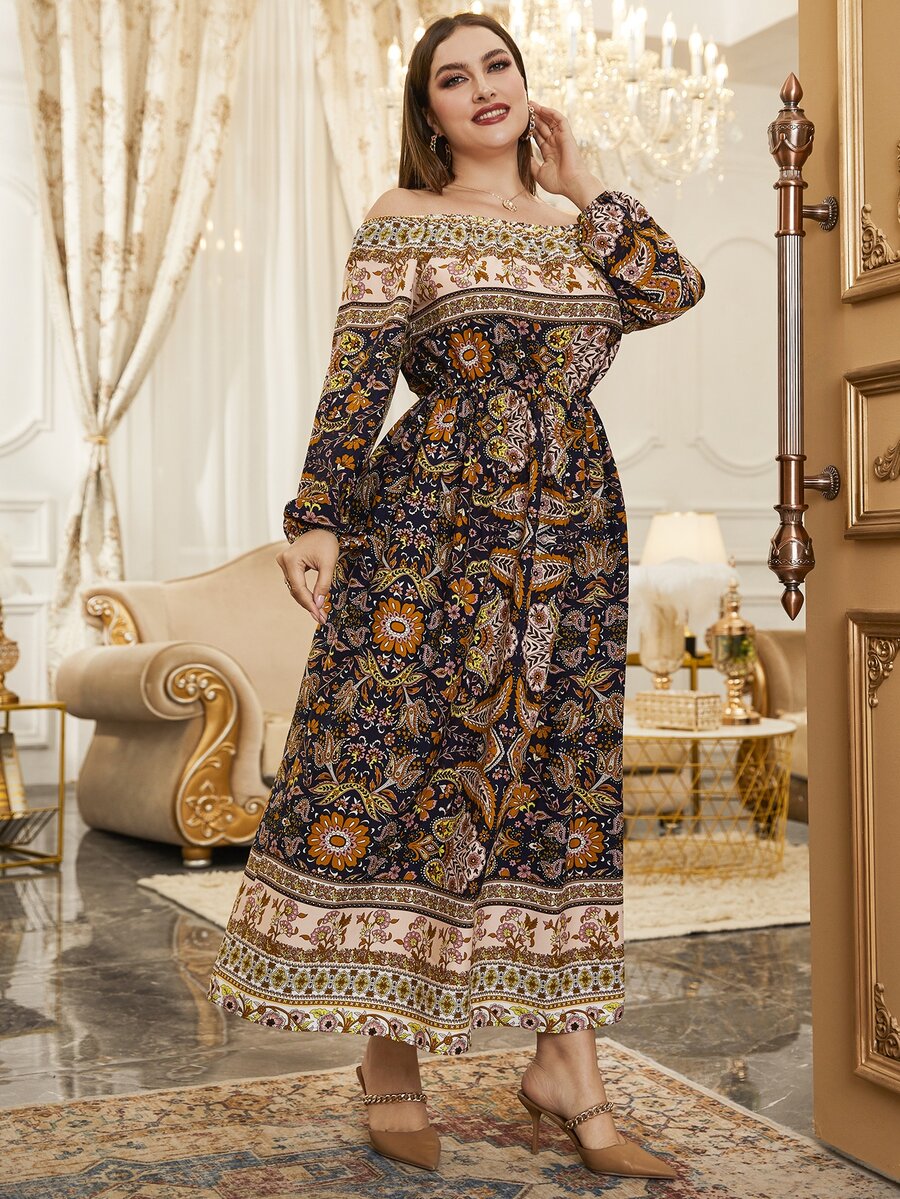 大碼花和佩斯利圖案一字肩燈籠袖連衣裙不附腰帶 - 彩色 - 查看 1