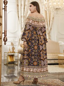 大碼花和佩斯利圖案一字肩燈籠袖連衣裙不附腰帶 - 彩色 - 查看 2