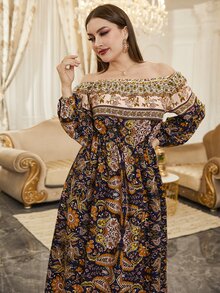 大碼花和佩斯利圖案一字肩燈籠袖連衣裙不附腰帶 - 彩色 - 查看 3