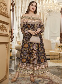 大碼花和佩斯利圖案一字肩燈籠袖連衣裙不附腰帶 - 彩色 - 查看 4