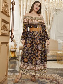 大碼花和佩斯利圖案一字肩燈籠袖連衣裙不附腰帶 - 彩色 - 查看 5