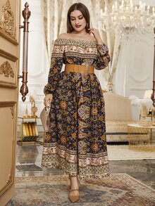 大碼花和佩斯利圖案一字肩燈籠袖連衣裙不附腰帶 - 彩色 - 查看 6