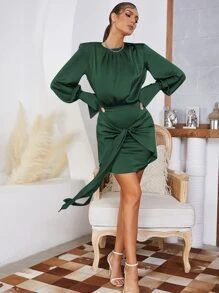 Tie Front Keyhole Back Dress - Dark Green - View 1