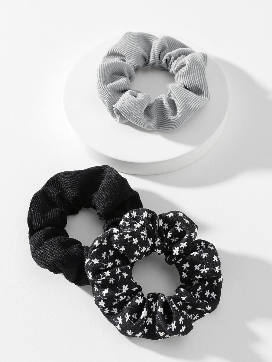 Original Flower Printed Corduroy Hair Scrunchies For Women, 3pcs/Set Hair Ties Scrunchy Hair Ties Ponytail Head Accessories - Multicolor - View 1