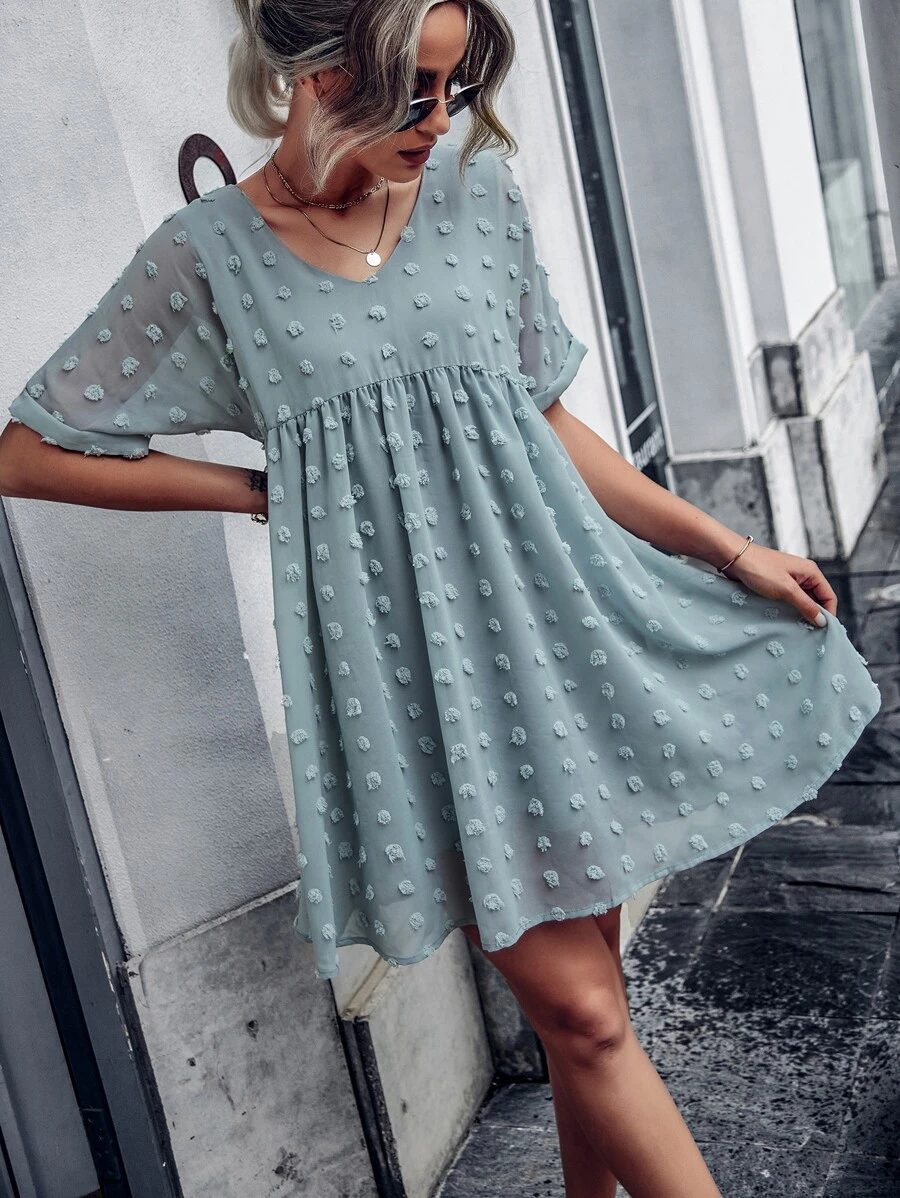 圓點蝙蝠袖娃娃裙 - 藍色 - 查看 1