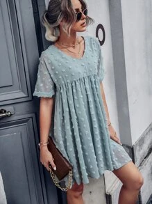 圓點蝙蝠袖娃娃裙 - 藍色 - 查看 4