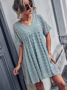 圓點蝙蝠袖娃娃裙 - 藍色 - 查看 5