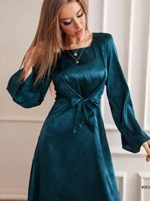 Modelyn Vestido con manga trompeta y nudo en la parte delantera, vestido largo para mujer para ocasiones de noche, vestidos largos para eventos de noche - Verde Oscuro - Ver 6