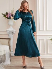 Modelyn Vestido con manga trompeta y nudo en la parte delantera, vestido largo para mujer para ocasiones de noche, vestidos largos para eventos de noche - Verde Oscuro - Ver 7