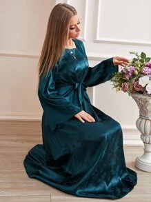 Modelyn Vestido con manga trompeta y nudo en la parte delantera, vestido largo para mujer para ocasiones de noche, vestidos largos para eventos de noche - Verde Oscuro - Ver 8