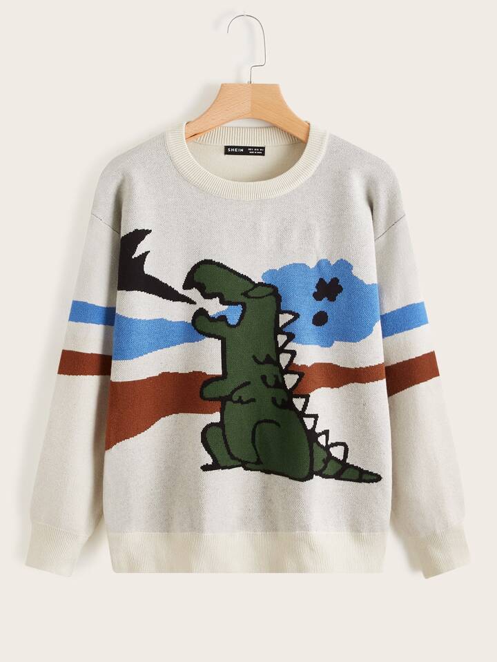 SHEIN Drop Shoulder Dinosaur Pattern Sweater | SHEIN USA