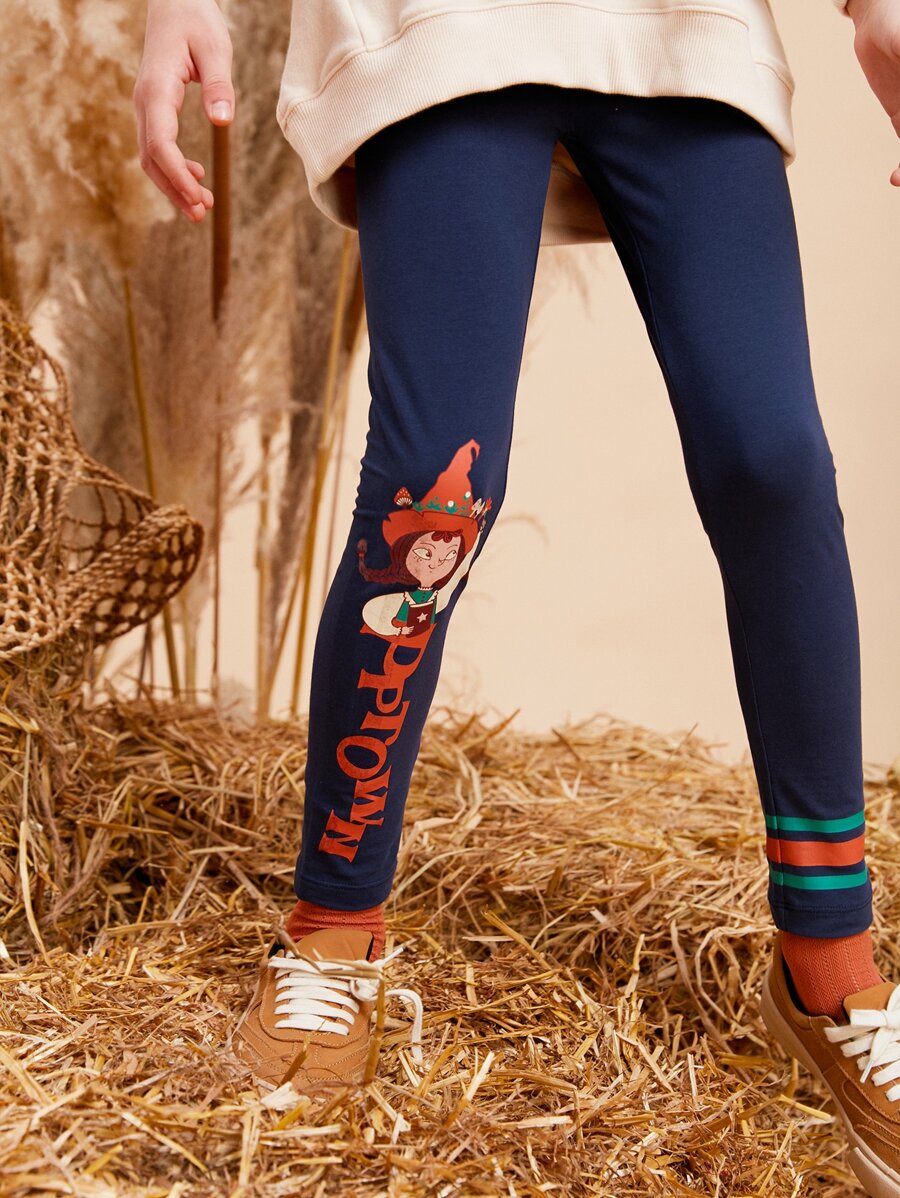 Girls Letter & Figure Graphic Leggings - Navy Blue - View 1