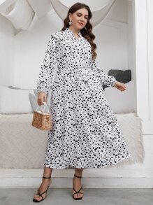大碼斑點印花燈籠袖繫腰帶洋裝 - 白色 - 查看 1