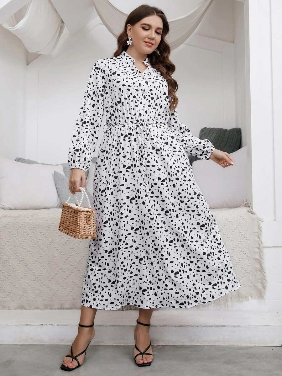 大碼斑點印花燈籠袖繫腰帶洋裝 - 白色 - 查看 1