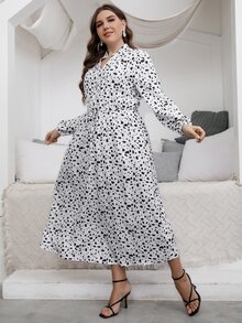 大碼斑點印花燈籠袖繫腰帶洋裝 - 白色 - 查看 3