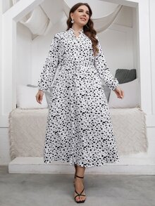 大碼斑點印花燈籠袖繫腰帶洋裝 - 白色 - 查看 4