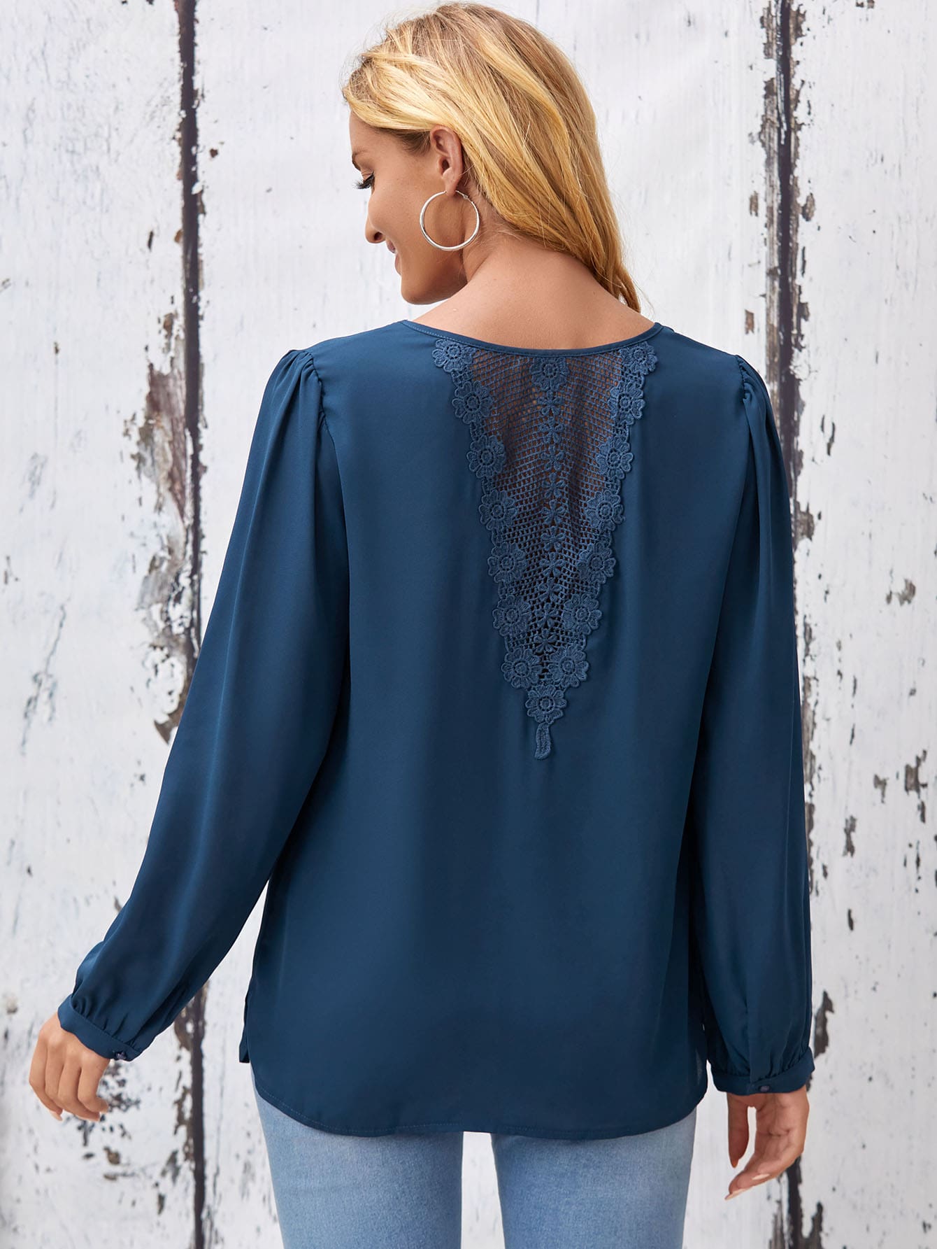 SHEIN Contrast Lace Keyhole Neck Blouse - Blue - View 1
