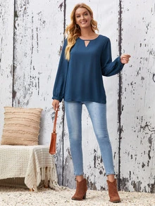 SHEIN Contrast Lace Keyhole Neck Blouse - Blue - View 4