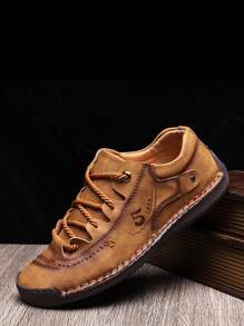 Men Letter Graphic Stitch Trim Handmade Shoes - Brown - View 1