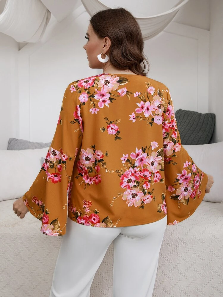 Blouse à imprimé floral à manches trompette - Jaune moutarde - Voir 2