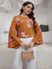 Plus Floral Print Trumpet Sleeve Blouse - Mustard Yellow - View 4