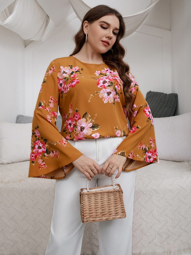 Blouse à imprimé floral à manches trompette - Jaune moutarde - Voir 4