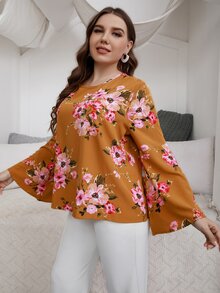 Plus Floral Print Trumpet Sleeve Blouse - Mustard Yellow - View 5