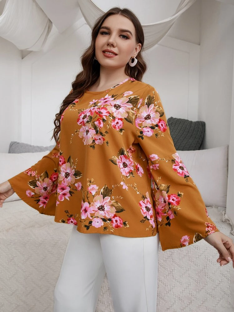 Blouse à imprimé floral à manches trompette - Jaune moutarde - Voir 5