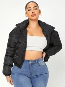 SHEIN SXY Sexy Zipper Up Funnel Collar Padded Coat In Fall/Winter - Black - View 3