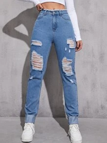 Jeans ribete sin dobladillo roto con bolsillo oblicuo - Lavado ligero - Ver 1