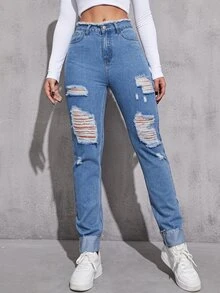 Jeans ribete sin dobladillo roto con bolsillo oblicuo - Lavado ligero - Ver 3