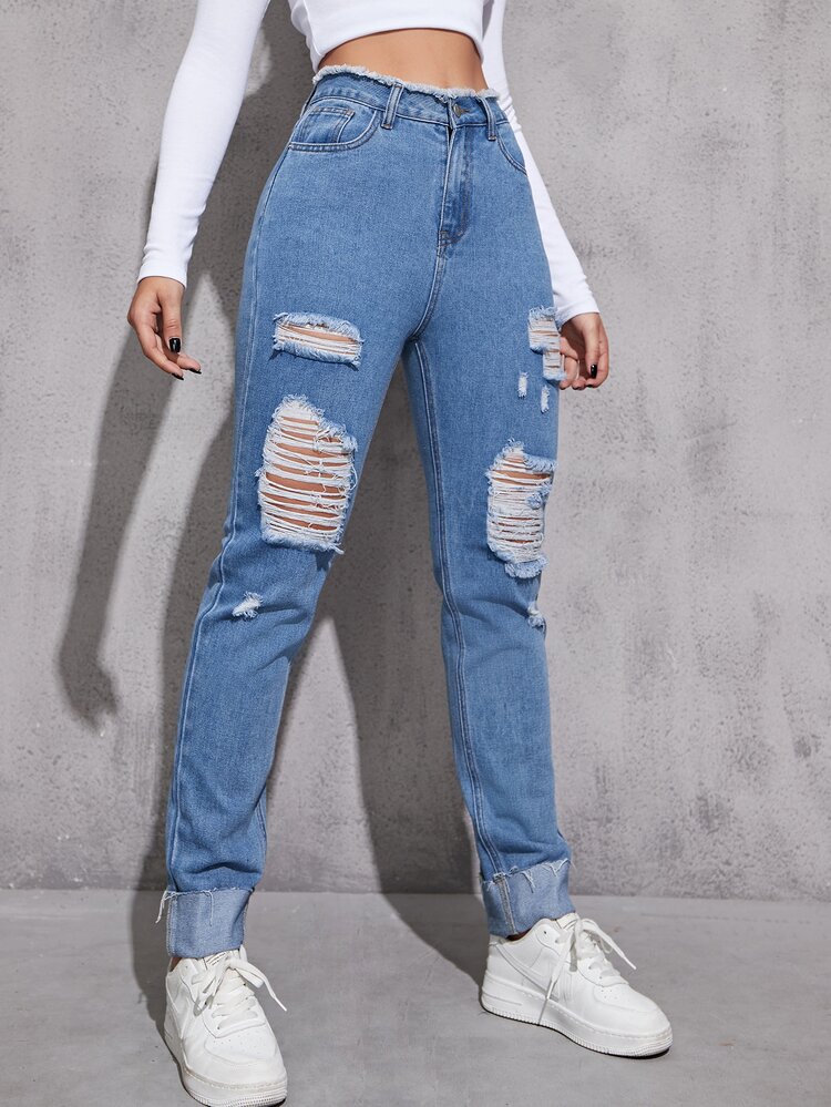 Jeans ribete sin dobladillo roto con bolsillo oblicuo - Lavado ligero - Añade 4