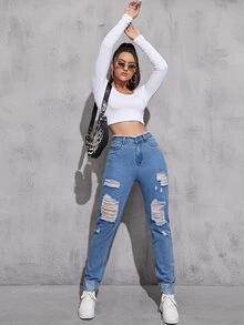 Jeans ribete sin dobladillo roto con bolsillo oblicuo - Lavado ligero - Ver 5