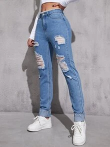 Jeans ribete sin dobladillo roto con bolsillo oblicuo - Lavado ligero - Ver 6
